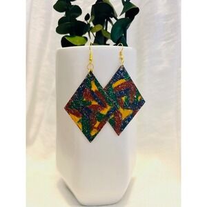 Handmade Bold Diamond Shape Dangle Earrings Colorful Boho Earthy Abstract Artsy